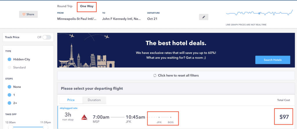 skiplagged search for a one-way flight from minneapolis to new york