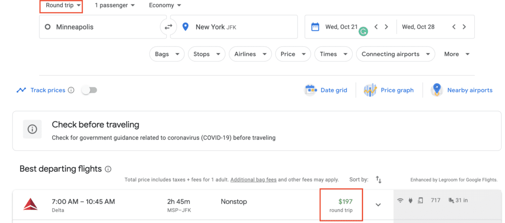 google flights result for roundtrip minneapolis to new york flights