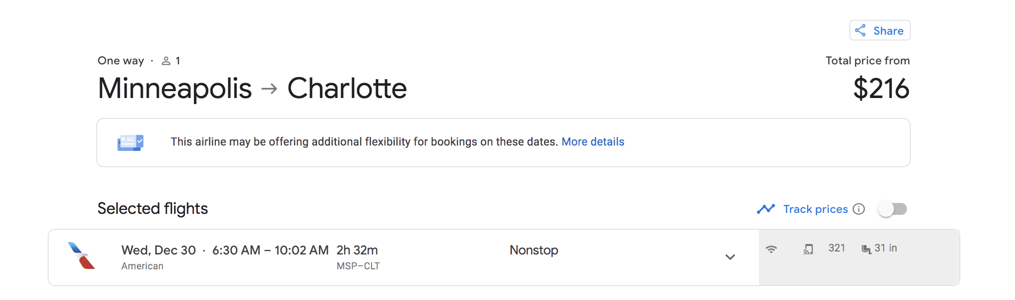 google flights result for Minneapolis to Charlotte