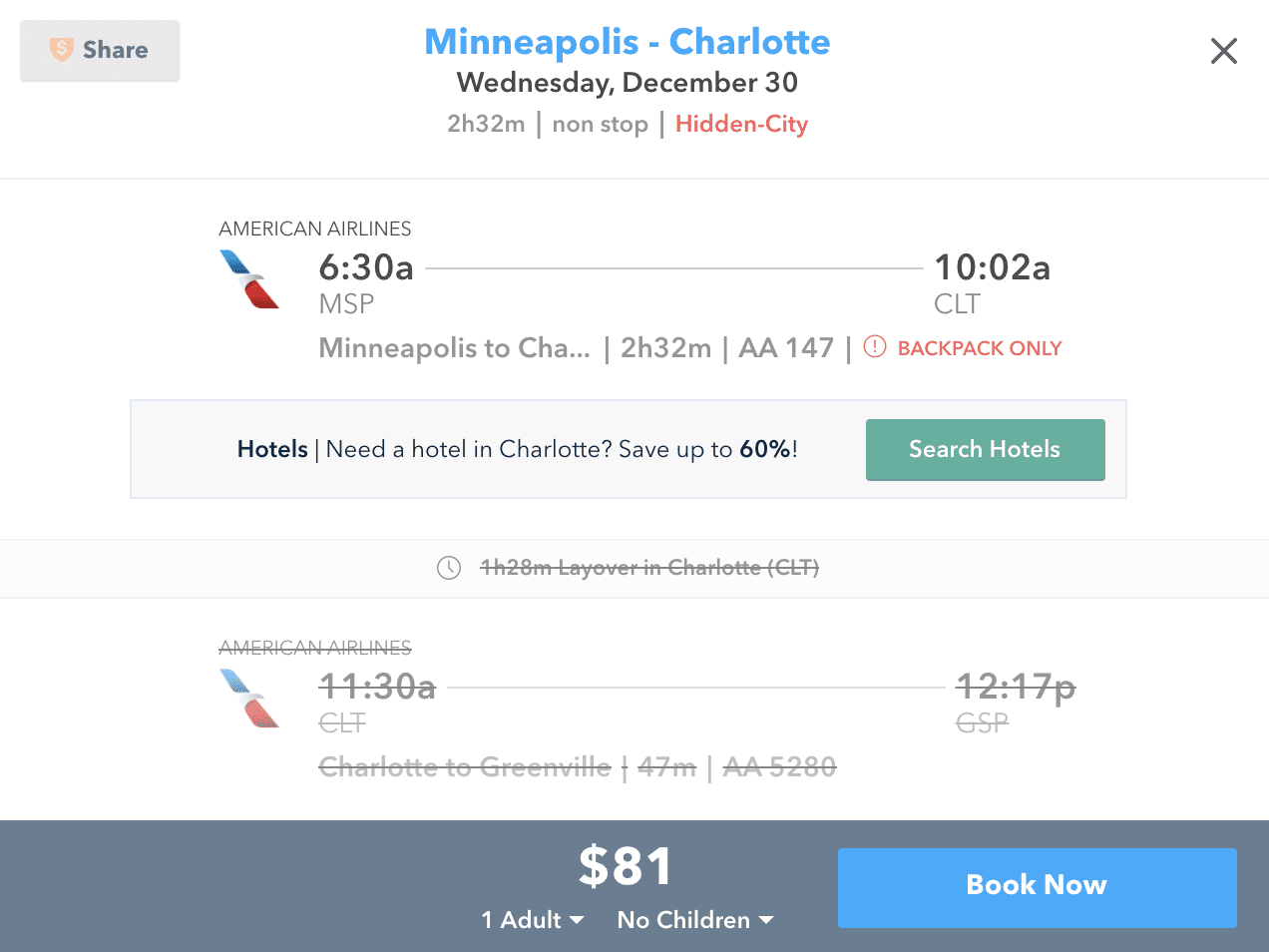 skiplagged flight example from minneapolis to charlotte