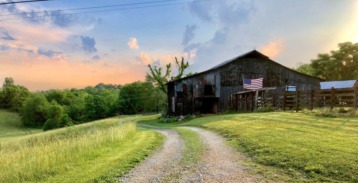 a cabin in the woods with an American flag