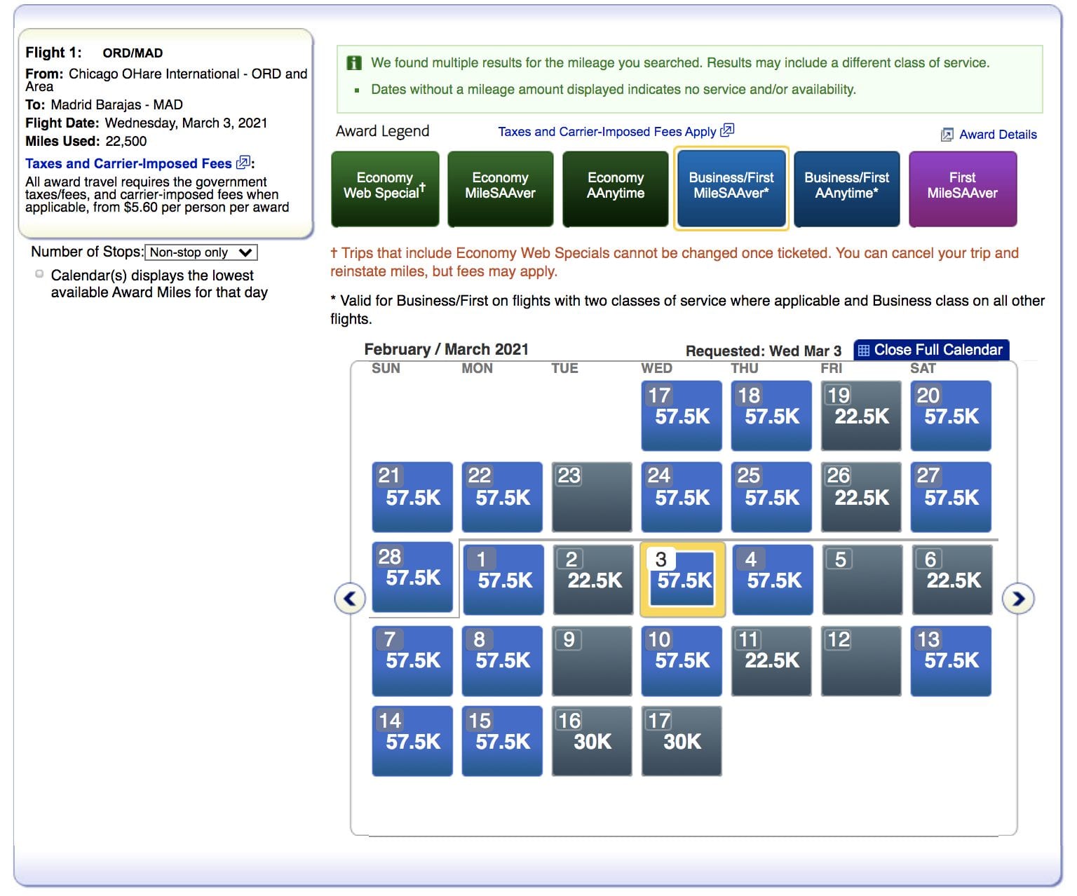AA award chart calendar