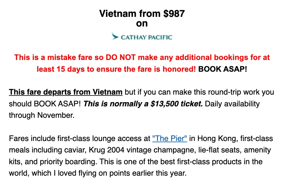 Vietname from $987 on Cathay Pacific first class mistake fare