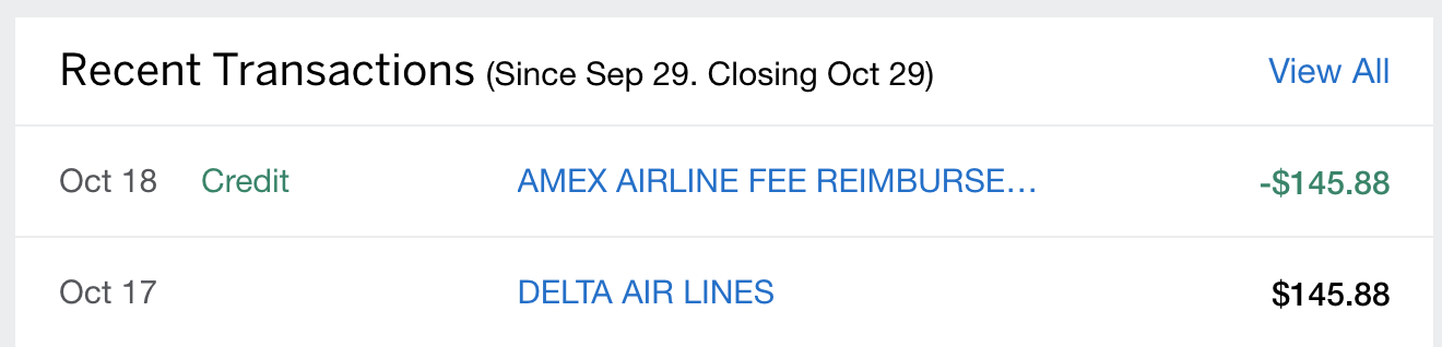 american express statement showing a charge from delta and an amex airline fees reimbursement credit one day later.
