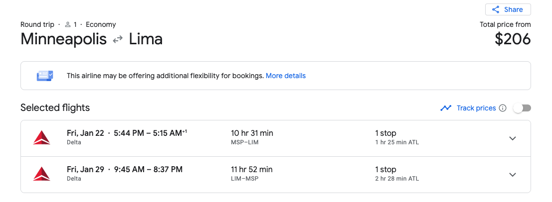 minneapolis to lima flights