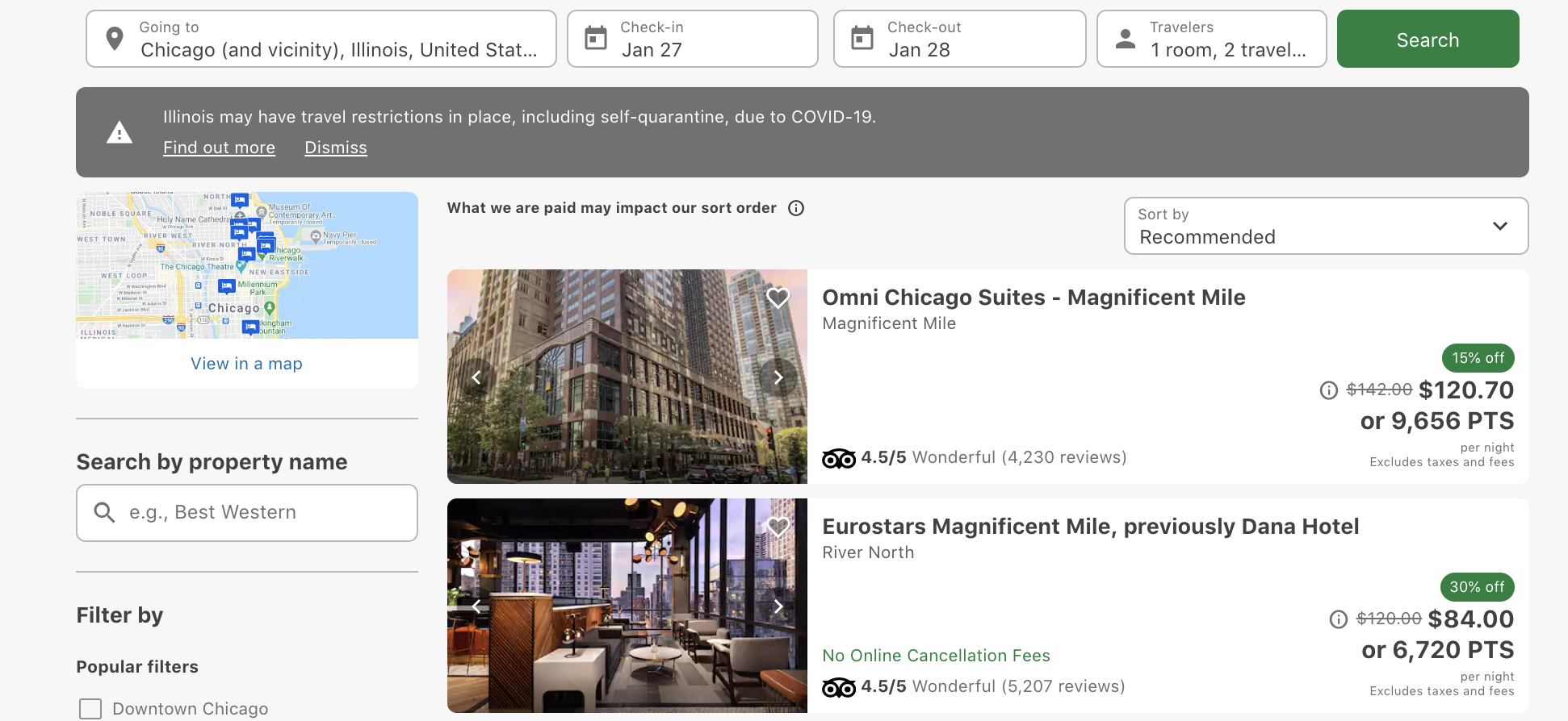 chase travel search for hotels in chicago from january 27th to january 28th Omni Chicago Suites and Eurostars Magnificent Mile hotel prices 