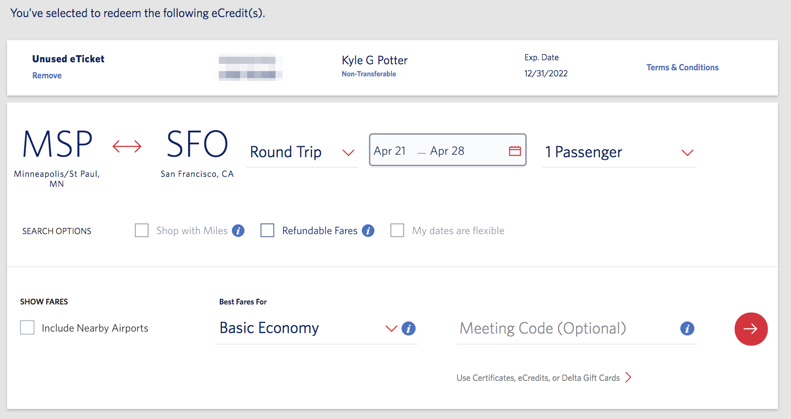 delta flight search from minneapolis to san francisco to redeem ecredits 