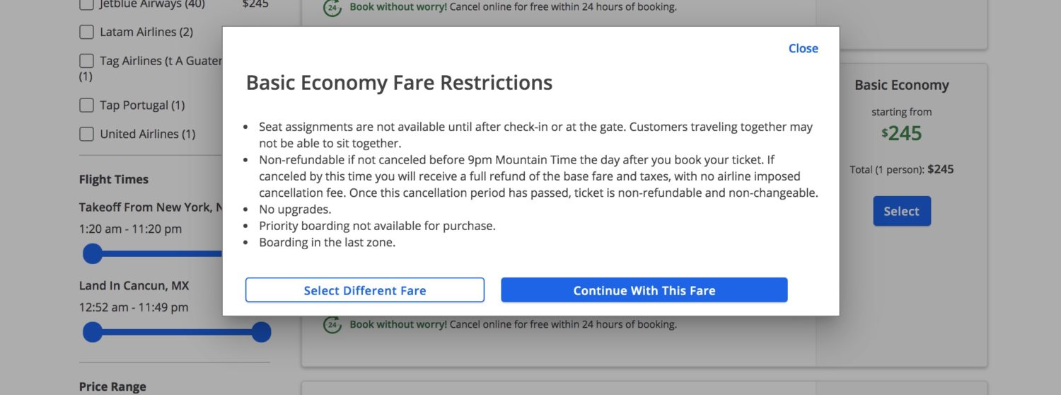chase travel portal basic economy warning