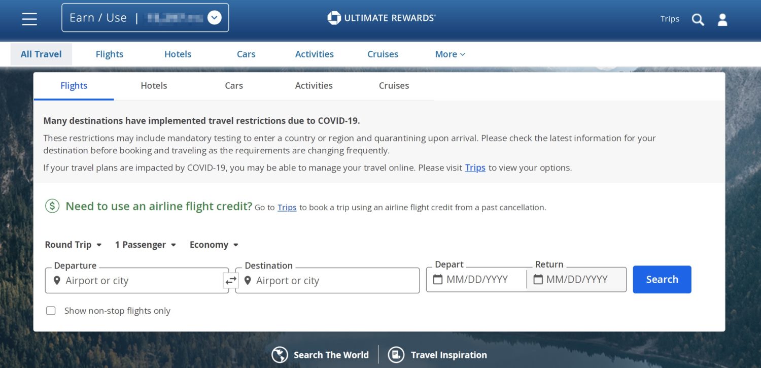 chase new travel portal menu