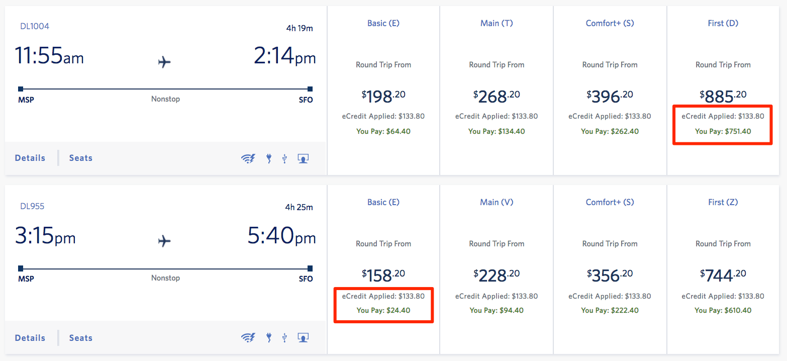 delta ecredits applied to the price of a flight from minneapolis to san francisco