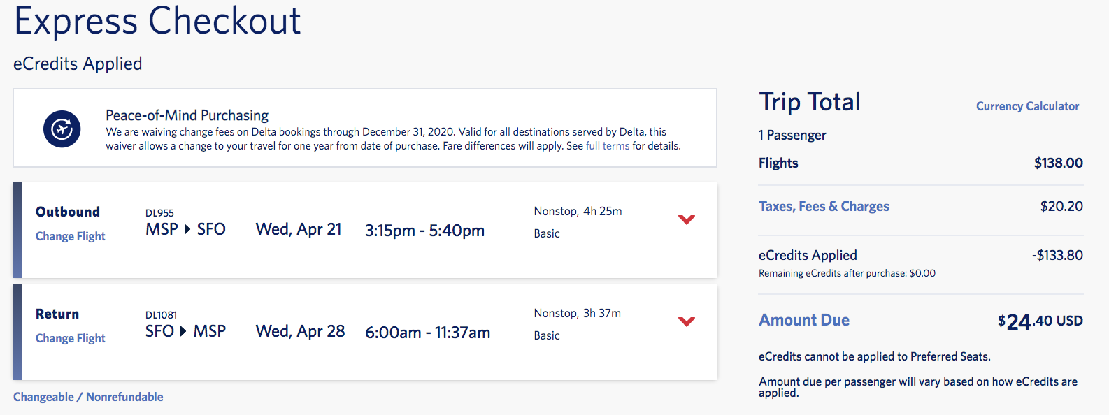 booking delta flights from minneapolis to san francisco with a credit applied