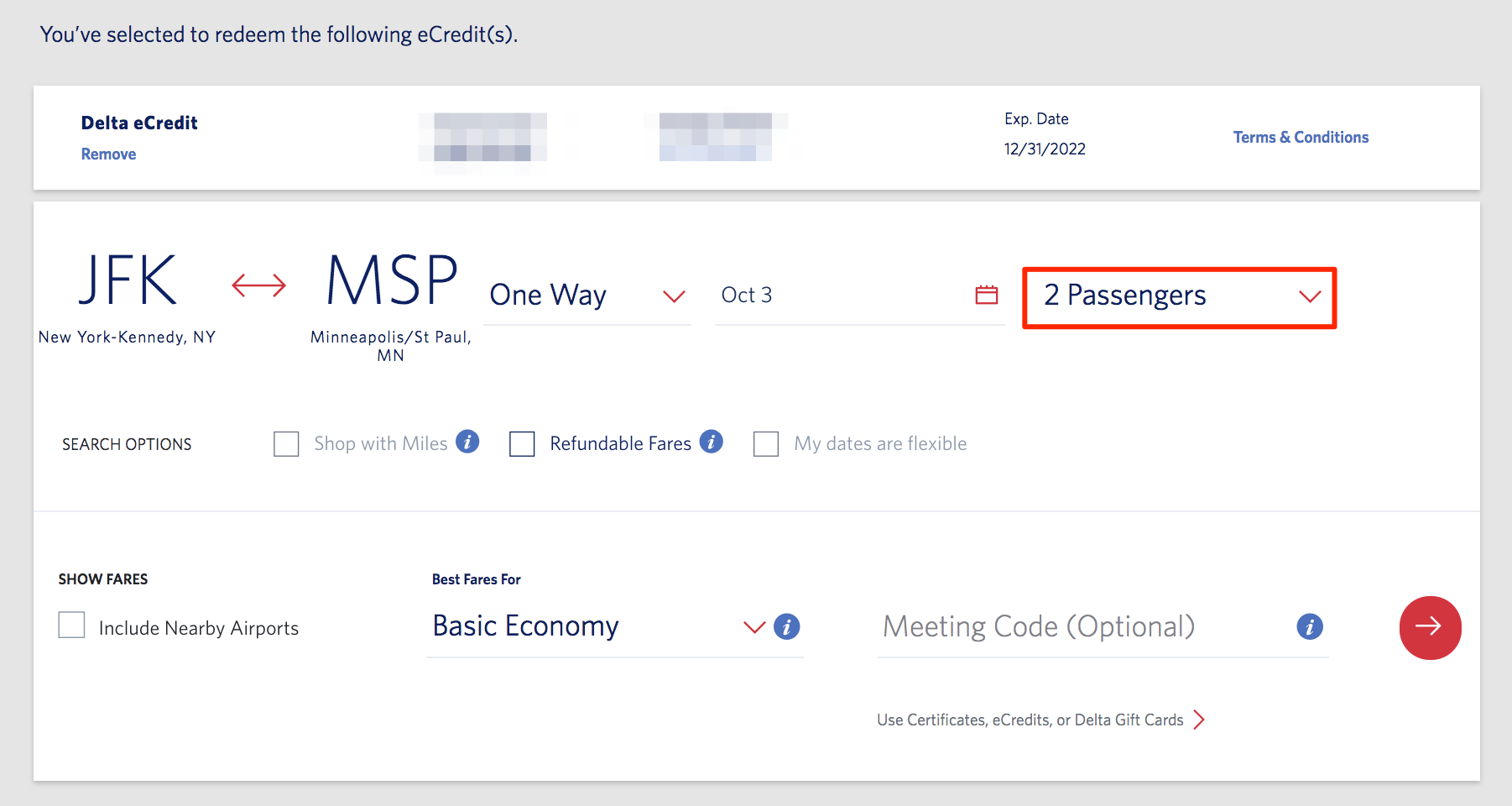 delta search for flights from new york to minneapolis for two passengers redeeming ecredits