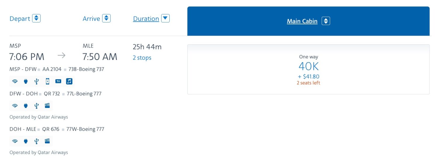 minneapolis to the maldives with aa miles