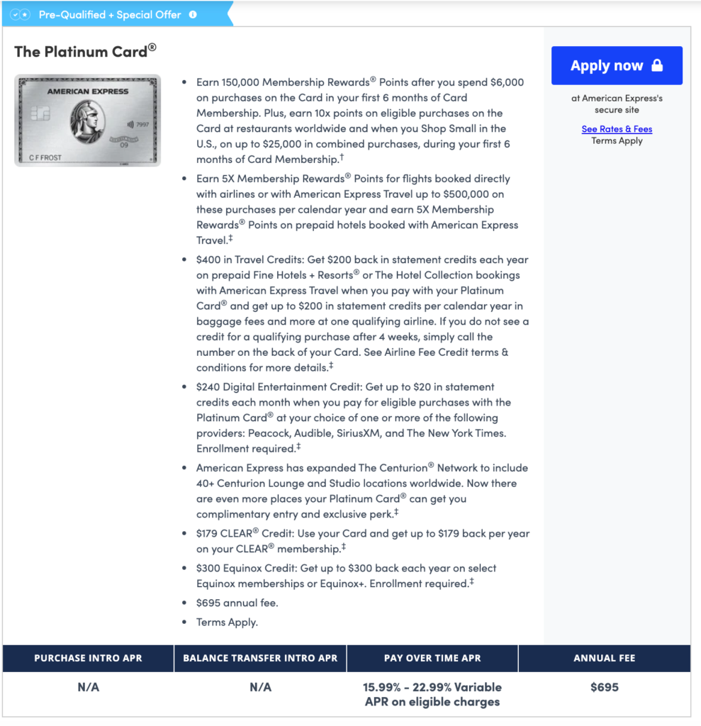 Amex Platinum CardMatch 150k point offer