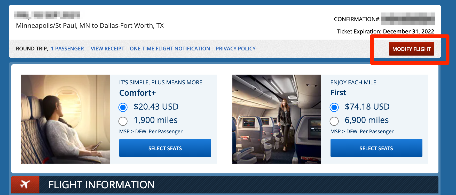 modify a roundtrip delta flight from minneapolis to dallas for one passenger