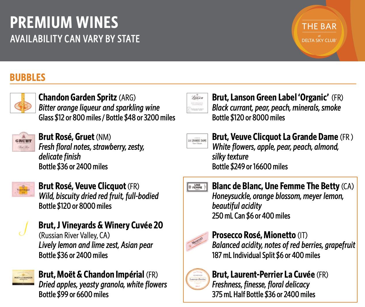 delta sky club champagne menu