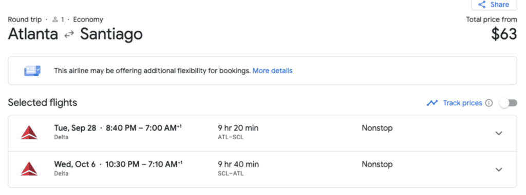 Google Flights search result for an Atlanta to Santiago roundtrip flight for $63 