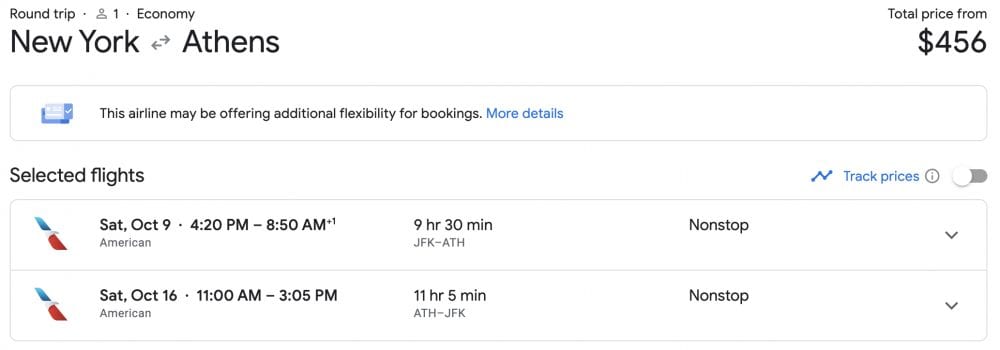 New York to Athens flight pricing