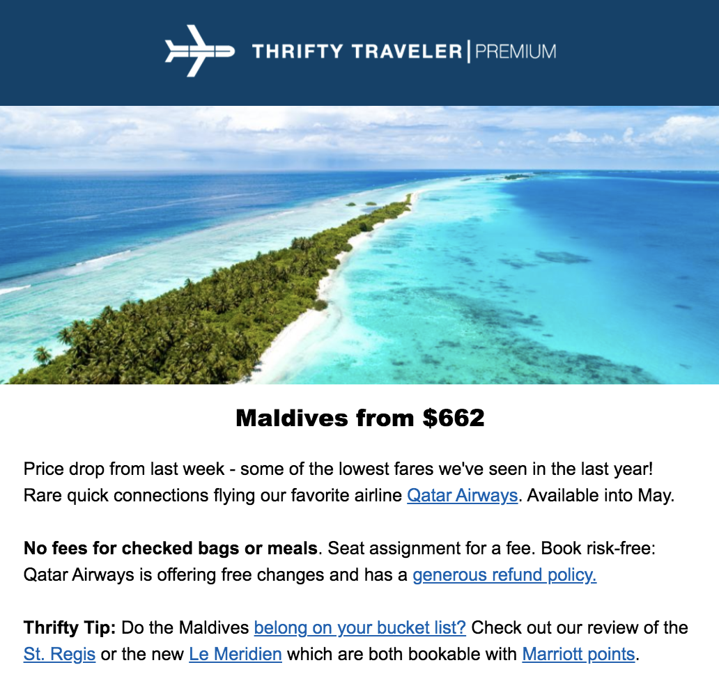 maldives flight deal thrifty traveler premium