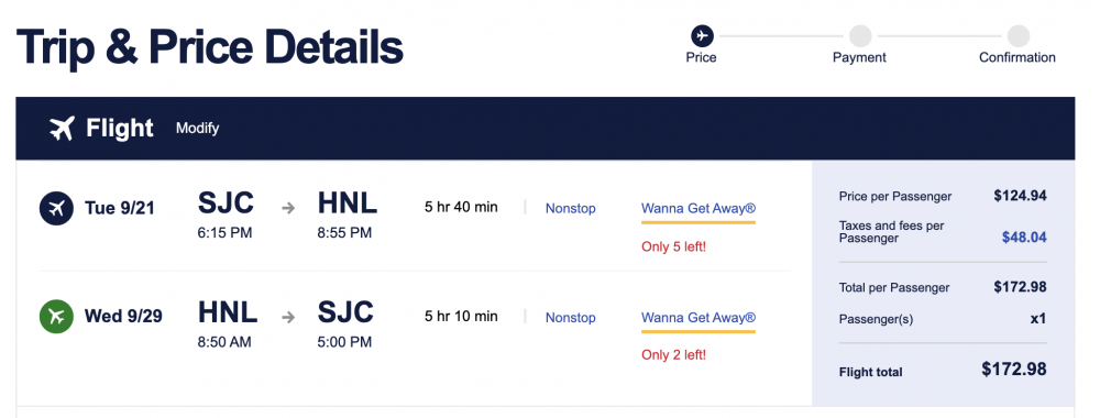 southwest airlines example fare