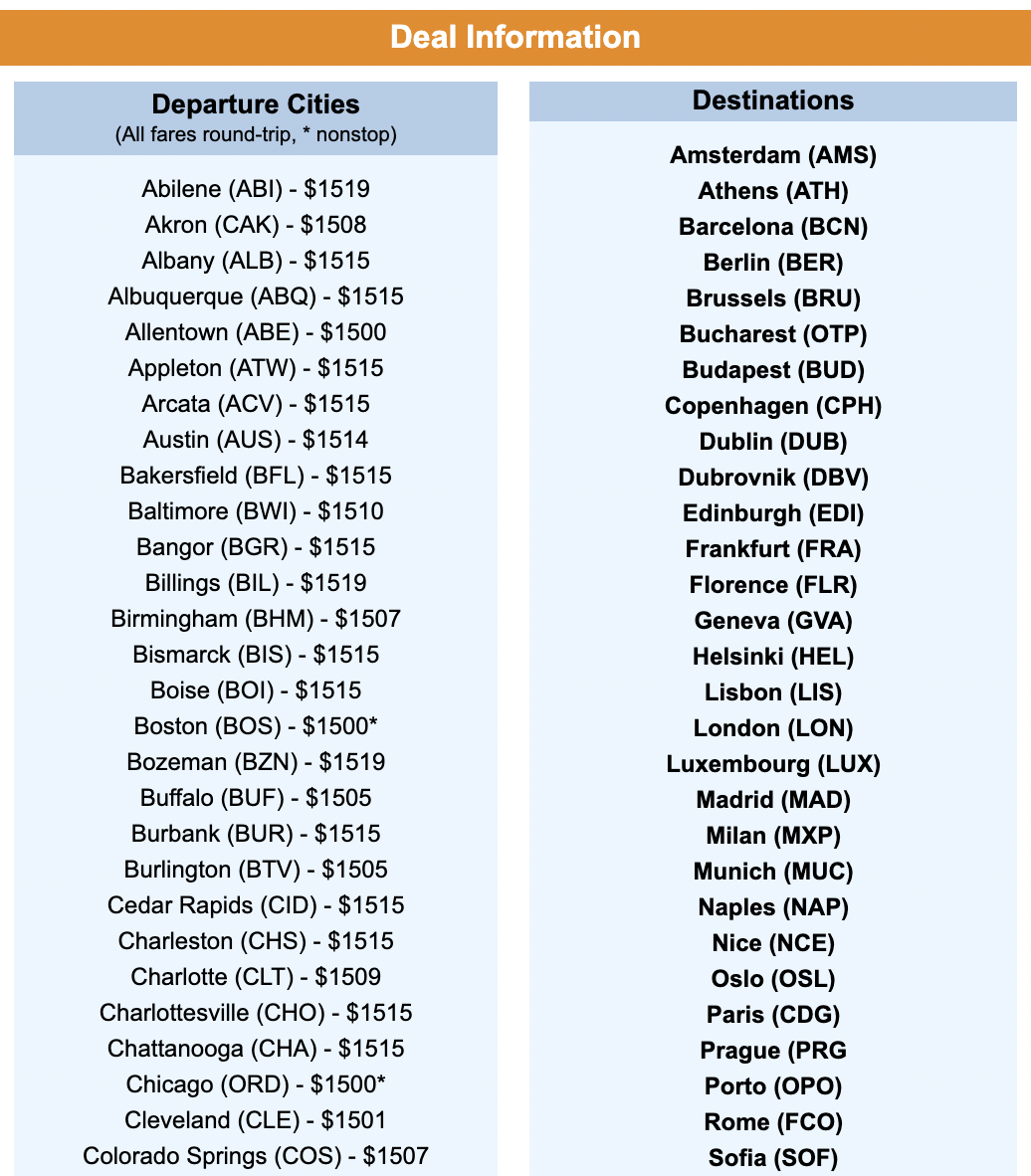Premium business class deal destination list
