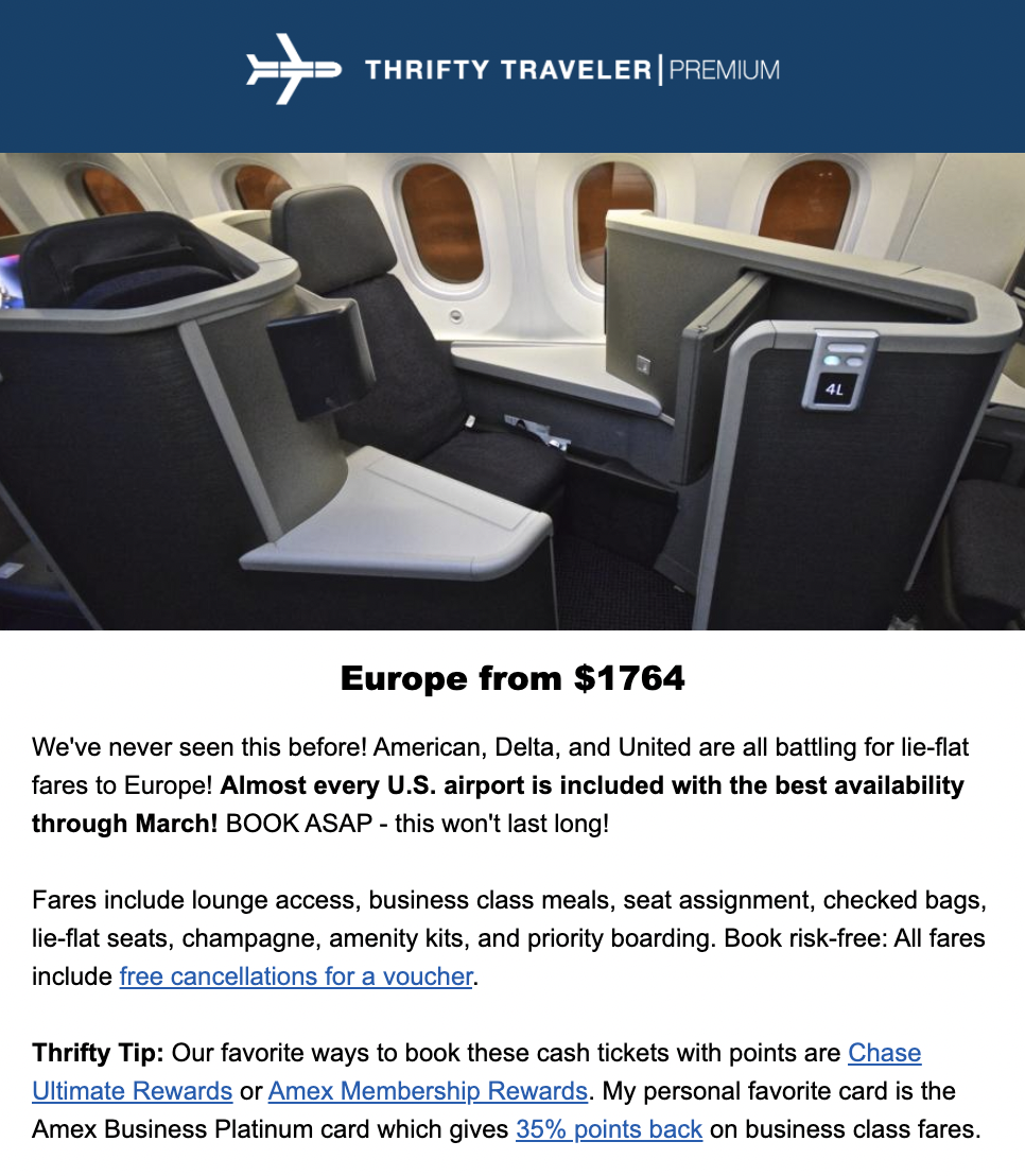 Business class to Europe premium deal