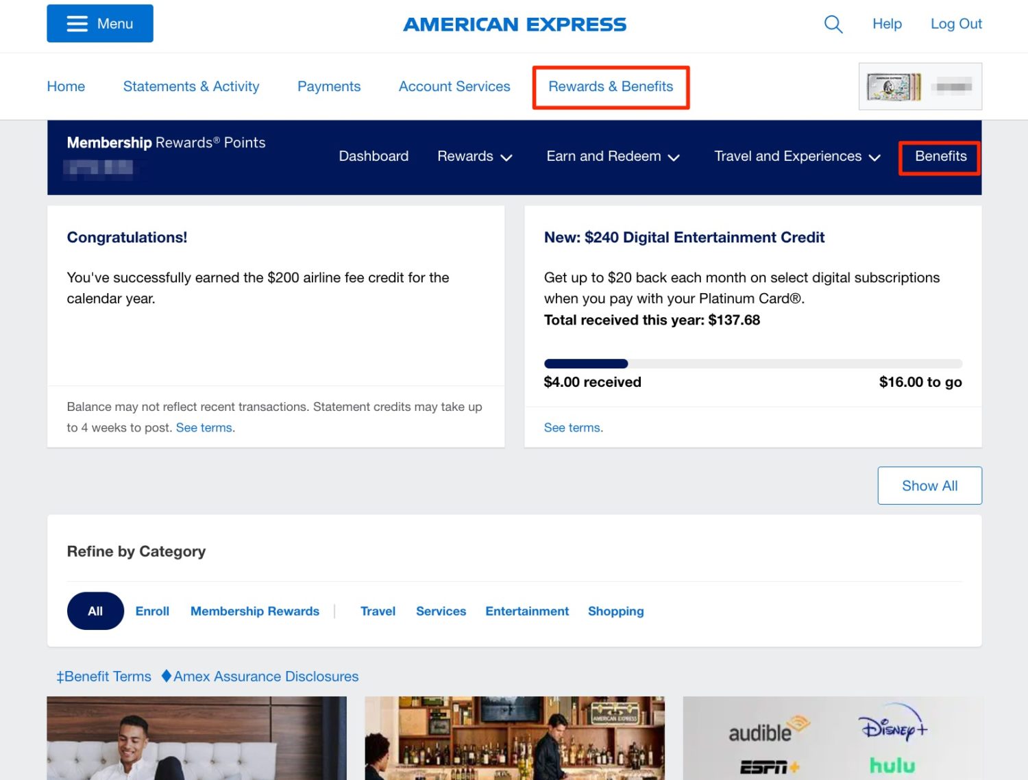 american express dashboard with rewards and benefits selected