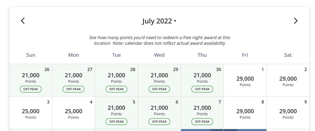 hyatt points booking calendar