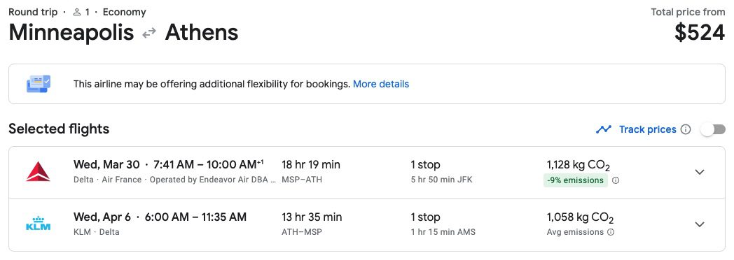 a roundtrip economy flight from minneapolis to athens for $524