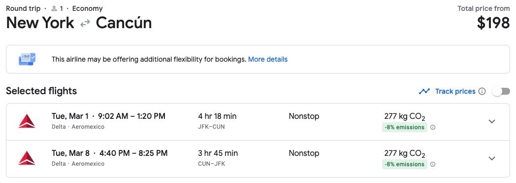 a roundtrip economy flight from new york to cancun for $198