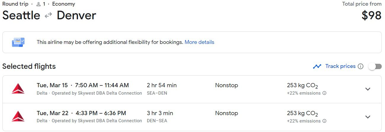 a roundtrip economy flight from seattle to denver for $98 