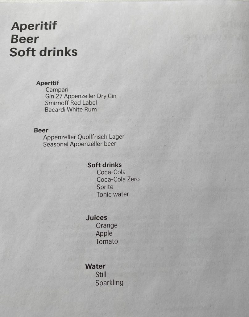 Swiss Business Class Drink Menu