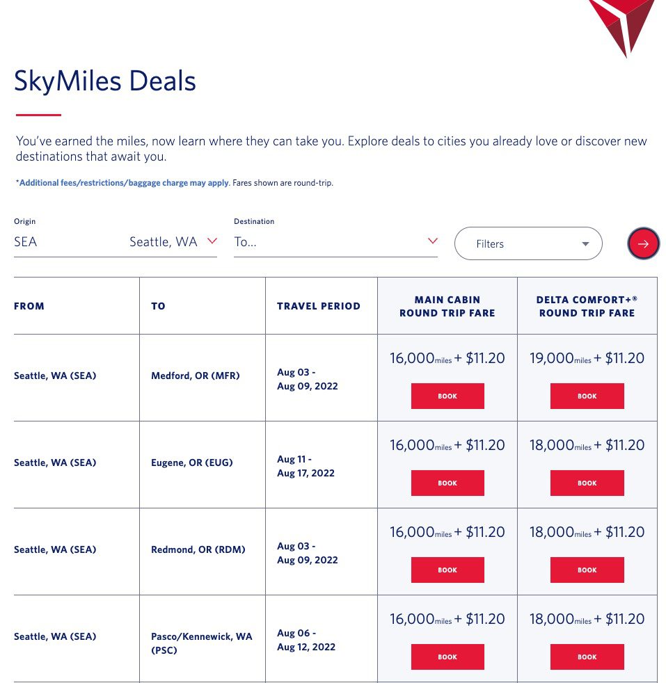 a list of delta skymiles deals from seattle including travel dates and price in miles