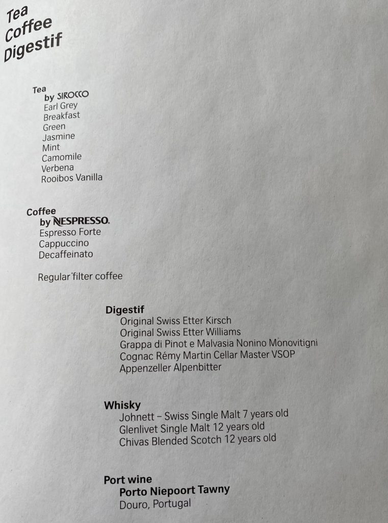 Swiss Business Class Drink Menu
