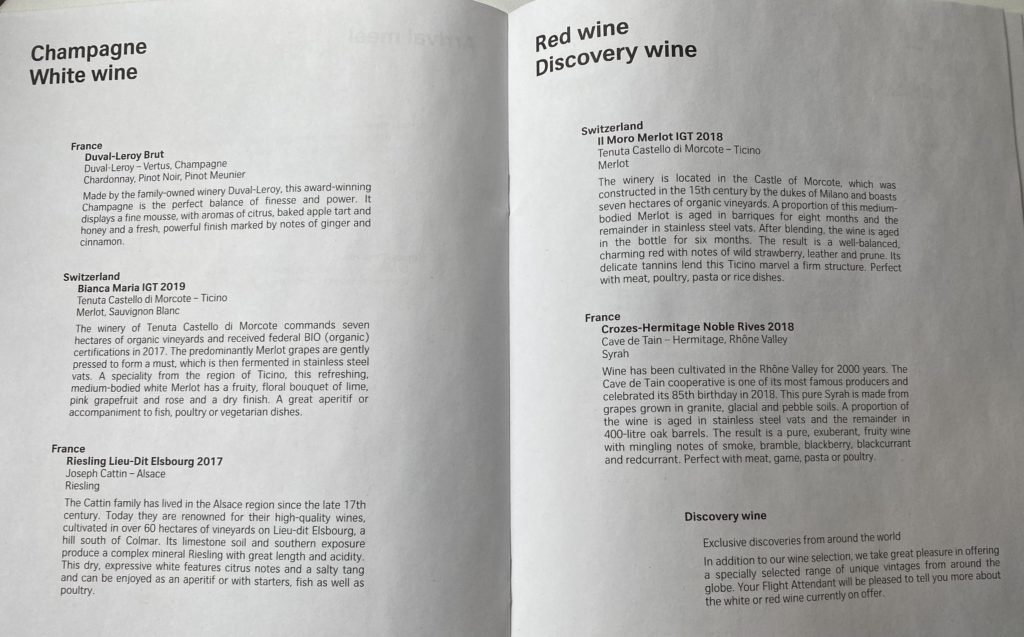 Swiss Business Class Wine Menu