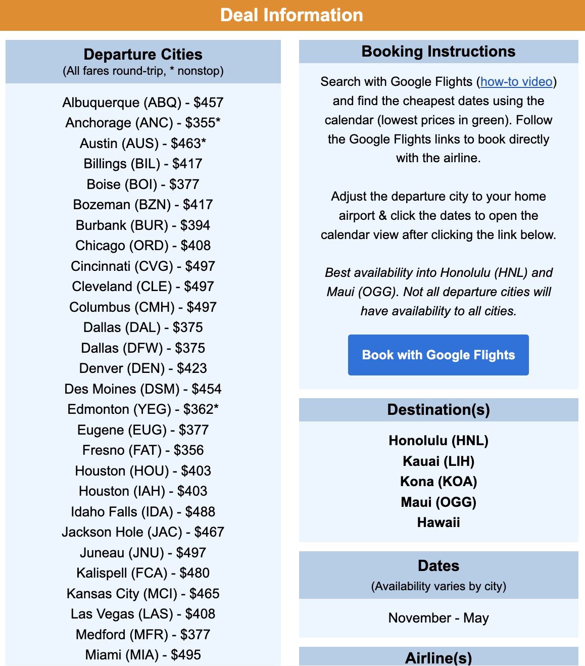 Hawaii flight deal info