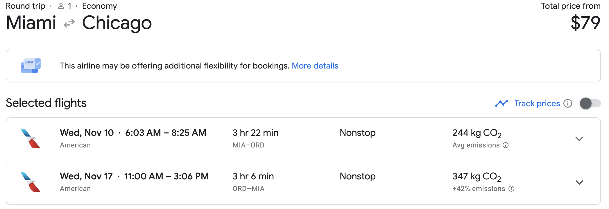 google flights pricing example