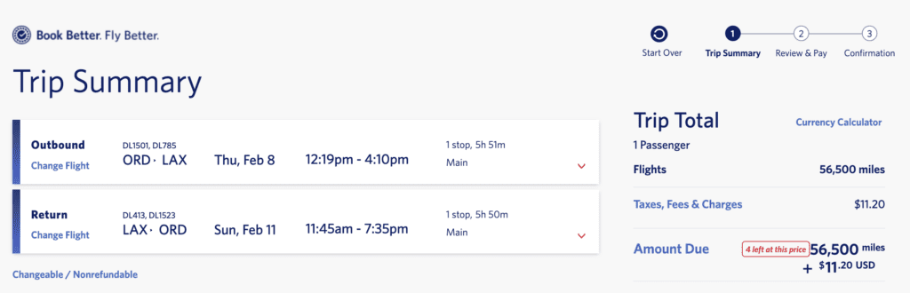 Delta ORD LAX skymiles price example