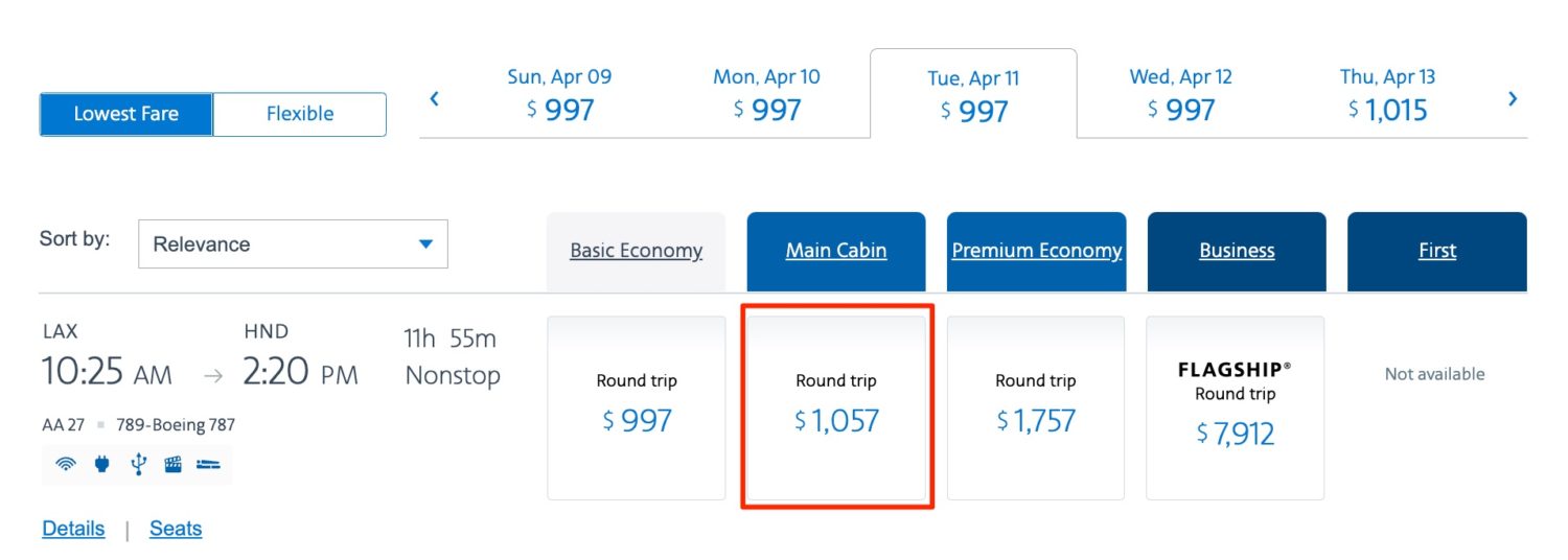 American Airlines flight from Los Angles to tokyo in main cabin for $1,057 roundtrip