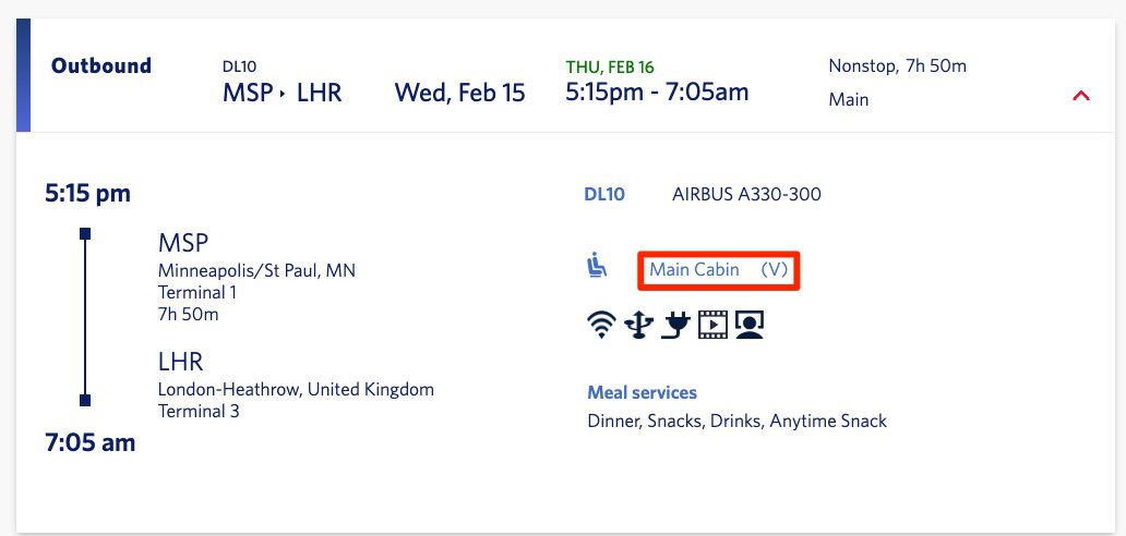 example of a fare class on a delta flight from minneapolis to london in main cabin
