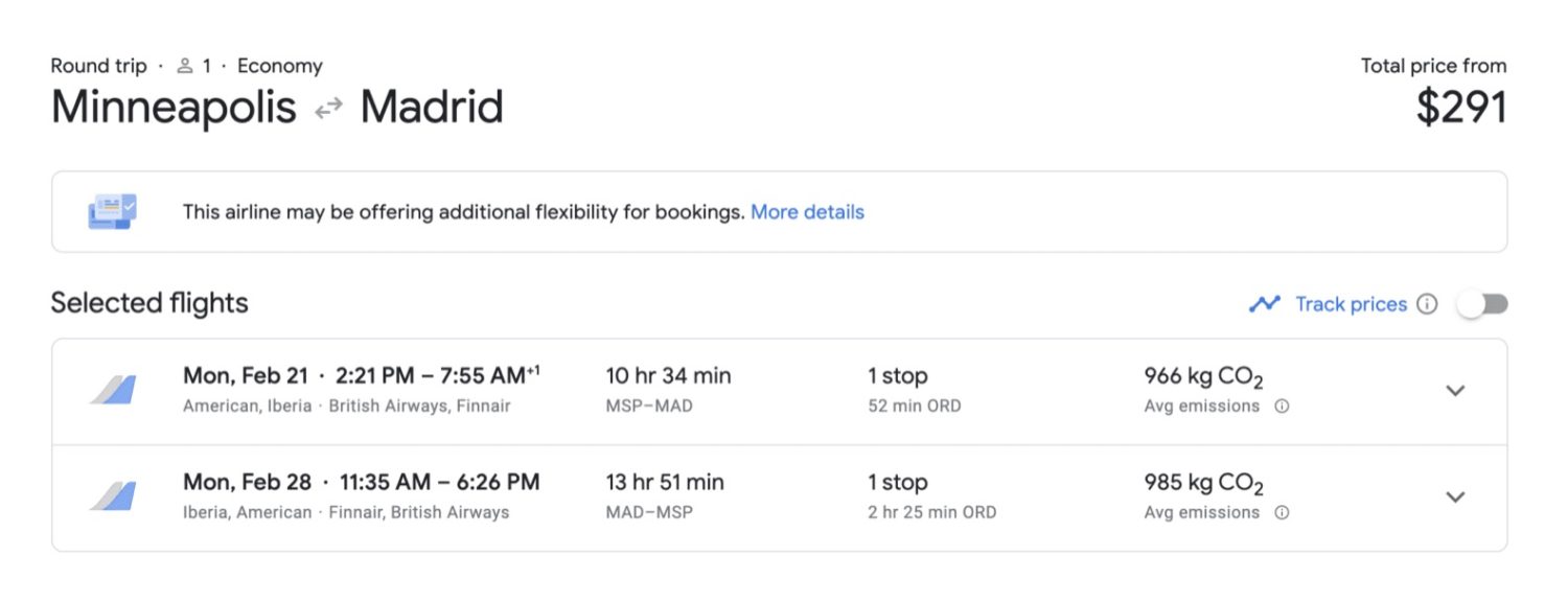 msp to Madrid flight