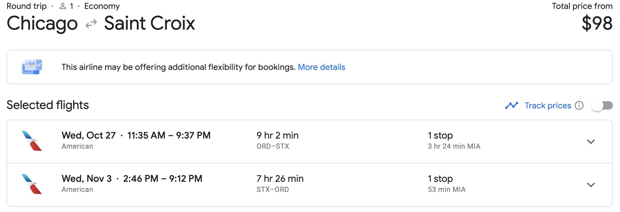 google flights pricing example