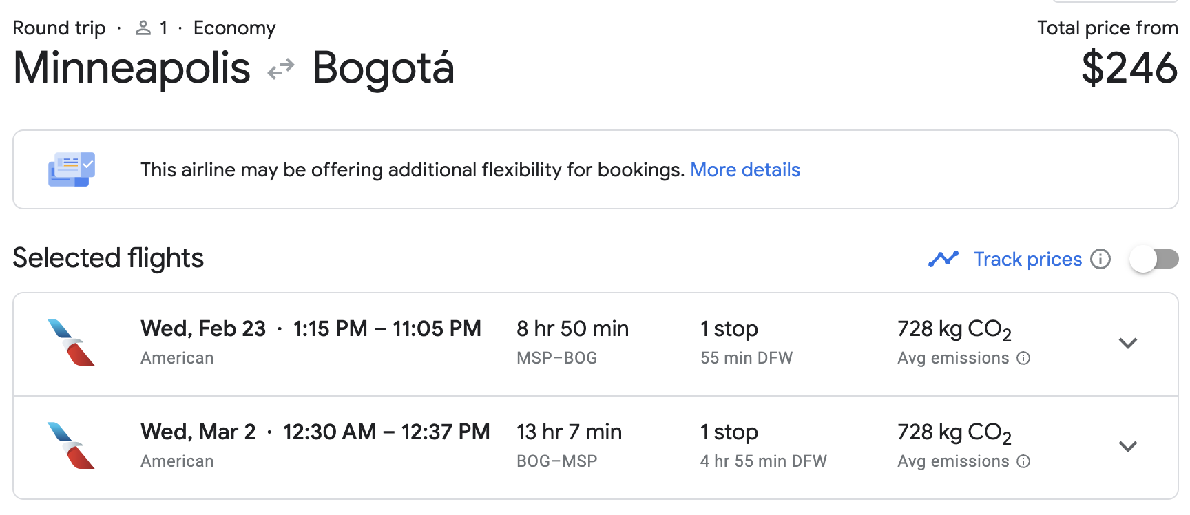 msp to bogota fare