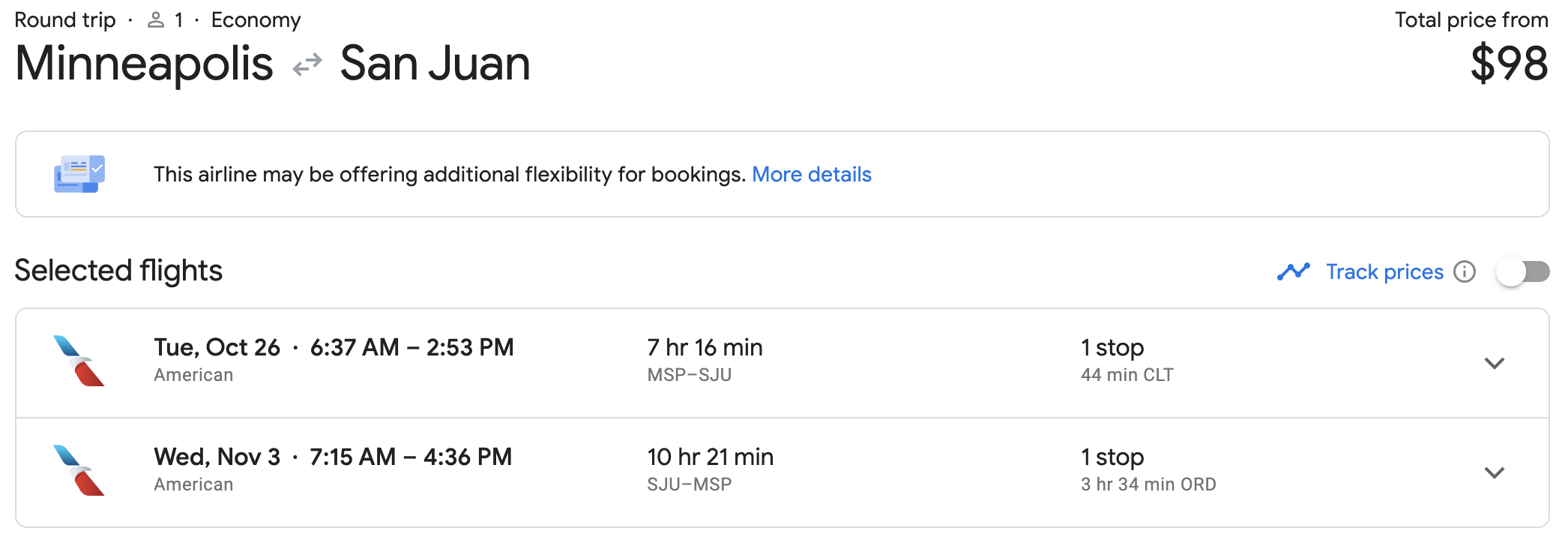 msp to puerto rico flight for $98