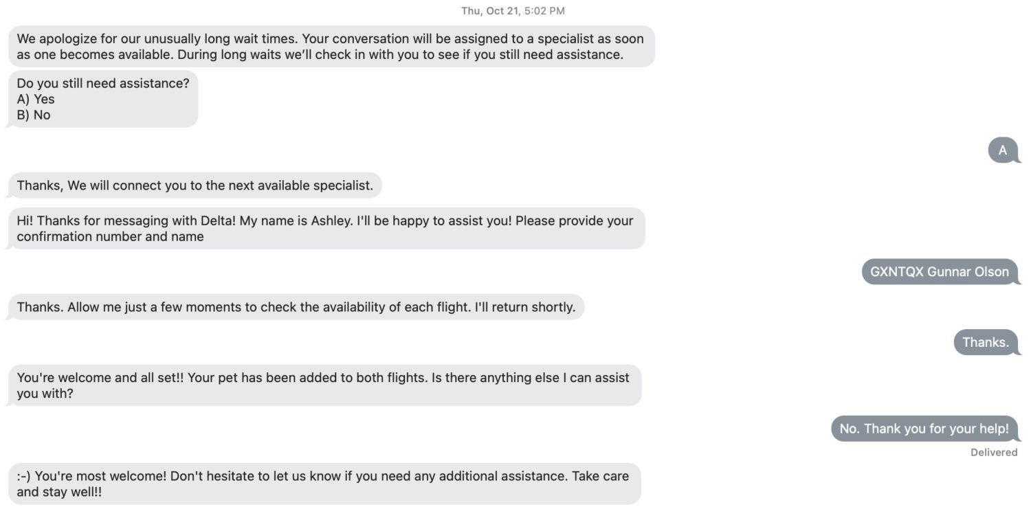 A text message correspondence with Delta Air Lines where a customer representative reserved a carry-on pet for a traveler for an upcoming flight. 