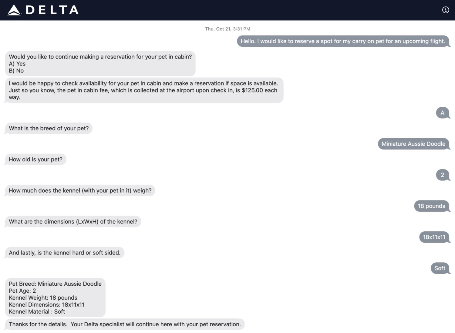 A text message conversation with Delta Air Lines where the texter is offering information about their carry-on pet including breed, age, weight, and kennel size. 