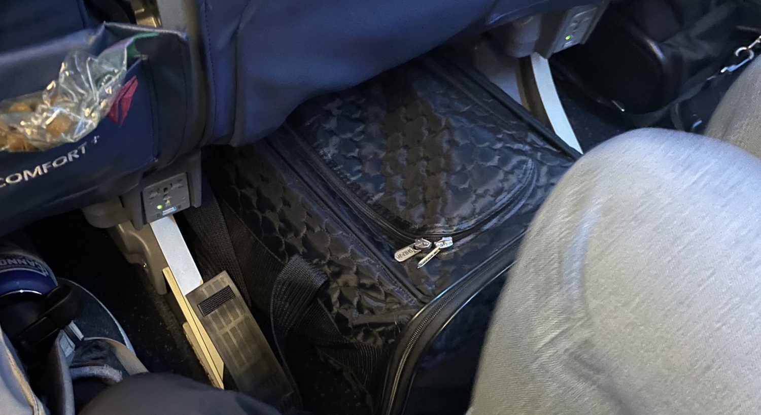 A pet carrier underneath an airplane seat. 