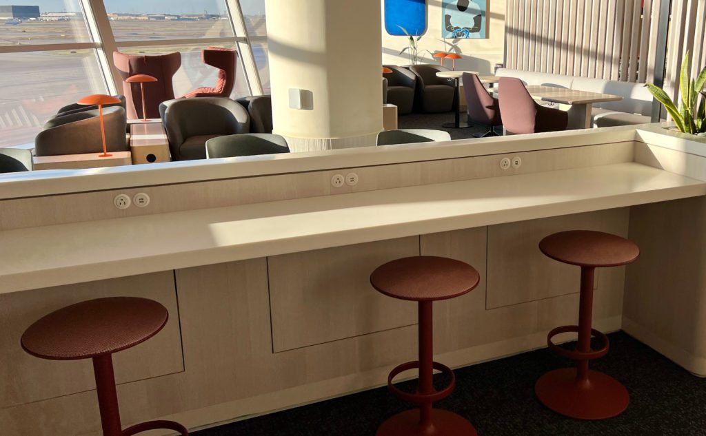 a thin bar with stools and outlets