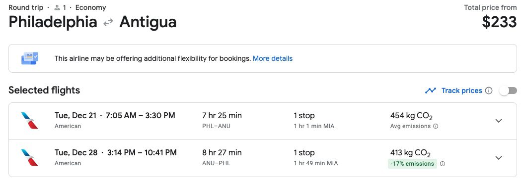 Philadelphia to Antigua fare