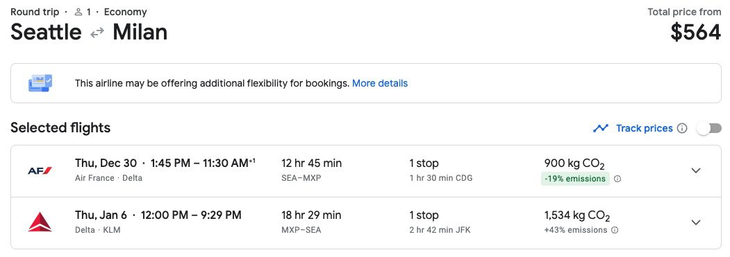 Seattle to Milan fare